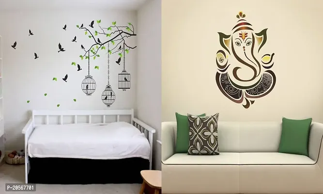 Ghar Kraft Set of 2 Wall Sticker Flying Bird with Cage and Royal Ganesh Wall Sticker