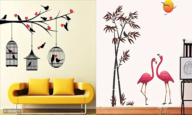 Ghar Kraft Set of 2 Wall Sticker Love Birds with Hearts and Sunset Swan Wall Sticker