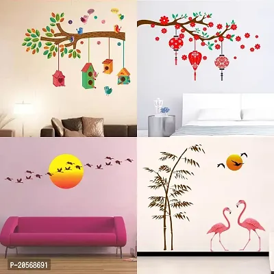 Ghar Kraft Set of 4 Combo Wall Stickers|Bird House Branch|Red Flower  Lantern|Sunrise  Flying Bird|Sunset swan Love|