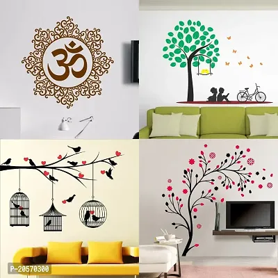 Ghar Kraft Set of 4 Combo Wall Stickers|Designer Om|Kids Under Tree|Lovebirds  Hearts|Magical Tree|