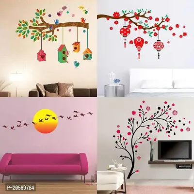 Ghar Kraft Set of 4 Combo Wall Stickers|Bird House Branch|Magical Tree|Red Flower  Lantern|Sunrise  Flying Bird