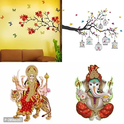 Ghar Kraft Set of 4 Combo Wall Stickers|Chinese Flower|Branches Flowers  BirdCages|Sherawali Maa|Ekdant|