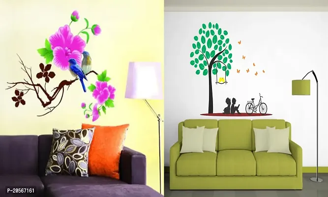 Ghar Kraft Set of 2 Wall Sticker Blue Bird and Kids Under The Tree Wall Sticker