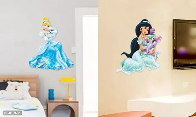 Ghar Kraft Combo Set of 2 Wall Stickers |Princess Cinderella with Puppy|Princess Jasmine with Elephant