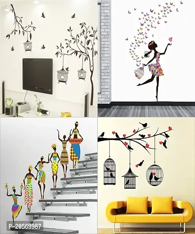 Ghar Kraft Set of 4 Wall Sticker Tribal Lady (180 x 60 cms) | Free Bird Cage Brown (150 x 115 cms) | Dream Girl (60 x 90 Cm) | Love Birds with Hearts (125 x 85 cms) -Material Vinyl-thumb0