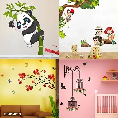 Ghar Kraft Set of 4 Combo Wall Stickers|Baby Panda|Branches and Cages|Kids Activity|Chinese Flower|