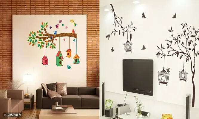 Ghar Kraft Set of 2 Wall Sticker Bird House On A Branch and Free Bird Cage Brown Wall Sticker-thumb0