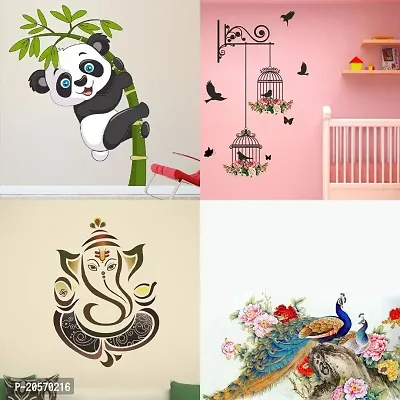 Ghar Kraft Set of 4 Combo Wall Stickers|Branches and Cages|Royal Ganesh|Royal Peacock|Baby Panda