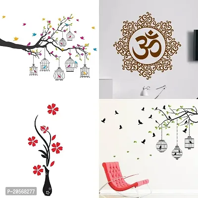 Ghar Kraft Set of 4 Combo Wall Stickers|Branches Flowers  BirdCages|Designer Om|Flower Vase Red|Flying Birds  case