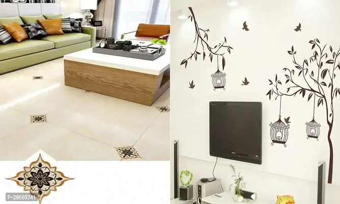 Ghar Kraft Set of 2 Wall Sticker Black with Golden Rangoli Floor and Free Bird Cage Brown Wall Sticker