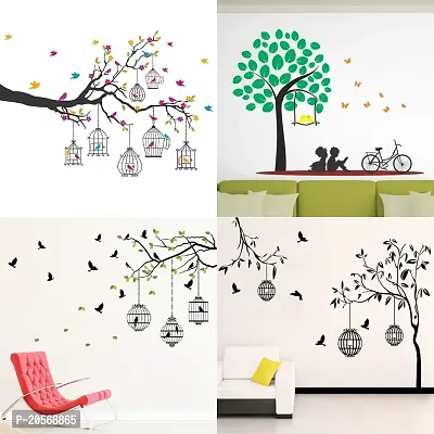 Ghar Kraft Set of 4 Combo Wall Stickers|Branches Flowers  BirdCages|Flying Birds  case|Bird case Black|Kids Under Tree