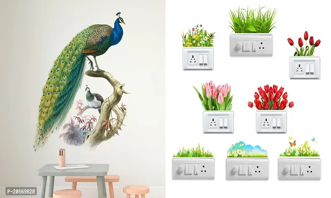 Ghar Kraft Set of 2 Wall Sticker Nature Peacock and Sb Flower Wall Sticker