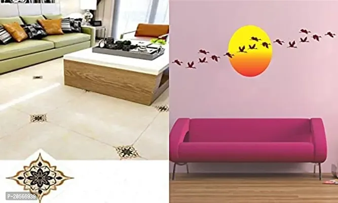 Ghar Kraft Set of 2 Wall Sticker Black with Golden Rangoli Floor Sticker Andsunrise with Flying Birds Wall Sticker-thumb2