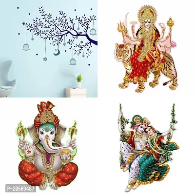 Ghar Kraft Set of 4 Combo Wall Stickers|Blue Tree Moon|Sherawali Maa|Ekdant|Radhamadhav Jhula