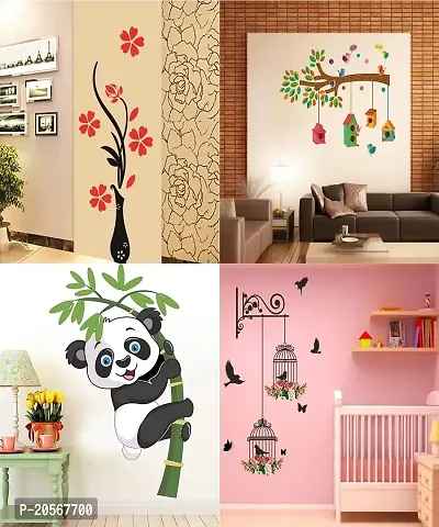 Ghar Kraft PVC Wall Sticker Baby Set of 4 (Panda, Red Flower Vase, Branches and Cages, Bird House On A Branch)