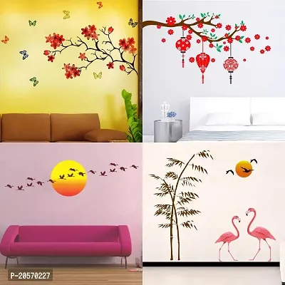 Ghar Kraft Set of 4 Combo Wall Stickers|Chinese Flower|Red Flower  Lantern|Sunrise  Flying Bird|Sunset swan Love|