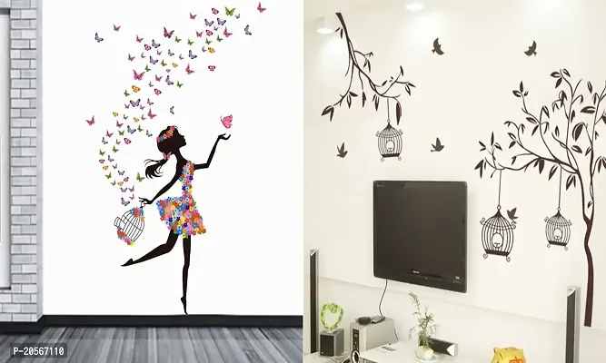 Ghar Kraft Set of 2 Wall Sticker Dream Girl and Free Bird Cage Brown Wall Sticker