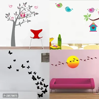 Ghar Kraft Set of 4 Combo Wall Stickers |Owl Tree|Singing Bird with Case|Flying Butterfly|Sunrise with Flying Bird