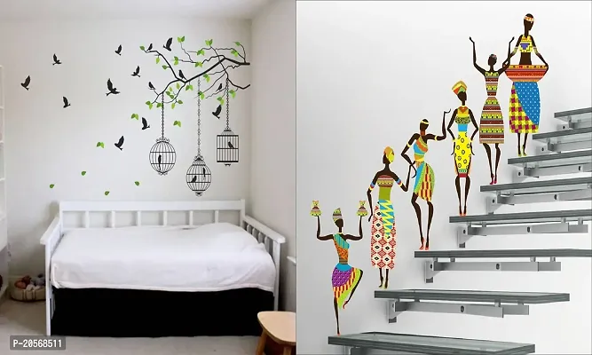 Ghar Kraft Set of 2 Wall Sticker Flying Bird with Cage and Tribal Lady Wall Sticker