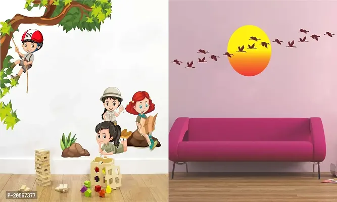 Ghar Kraft Set of 2 Wall Sticker Kids Activity and Sunrise with Flying Birds Wall Sticker