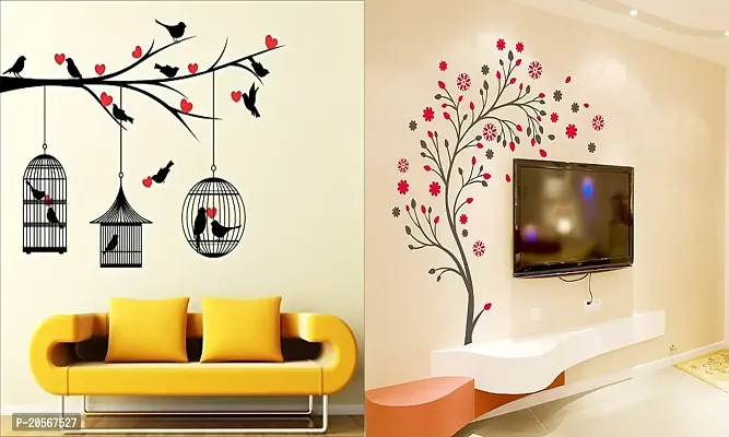 Ghar Kraft Set of 2 Wall Sticker Love Birds with Hearts and Magical Tree Wall Sticker