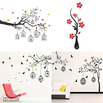 Ghar Kraft Set of 4 Combo Wall Stickers|Branches Flowers  BirdCages|Flower Vase Red|Flying Birds  case|Bird case Black