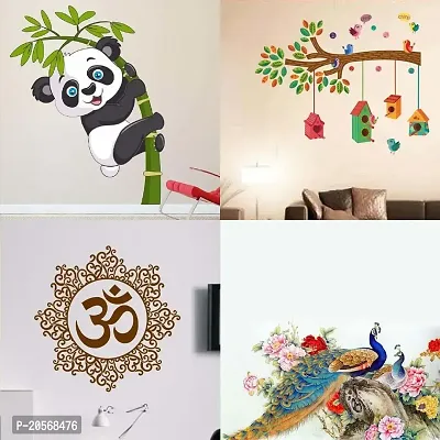 Ghar Kraft Set of 4 Combo Wall Stickers|Designer Om|Royal Peacock|Baby Panda|Bird House Branch