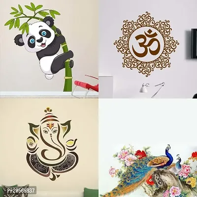 Ghar Kraft Set of 4 Combo Wall Stickers|Designer Om|Royal Ganesh|Royal Peacock|Baby Panda