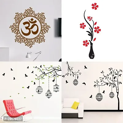 Ghar Kraft Set of 4 Combo Wall Stickers|Designer Om|Flower Vase Red|Flying Birds  case|Free Bird case Black|-thumb0