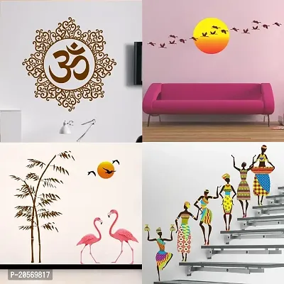 Ghar Kraft Set of 4 Combo Wall Stickers|Designer Om|Sunrise  Flying Bird|Sunset swan Love|Tribal Lady|-thumb0