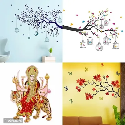 Ghar Kraft Set of 4 Combo Wall Stickers|Blue Tree Moon|Chinese Flower|Branches Flowers  BirdCages|Sherawali Maa