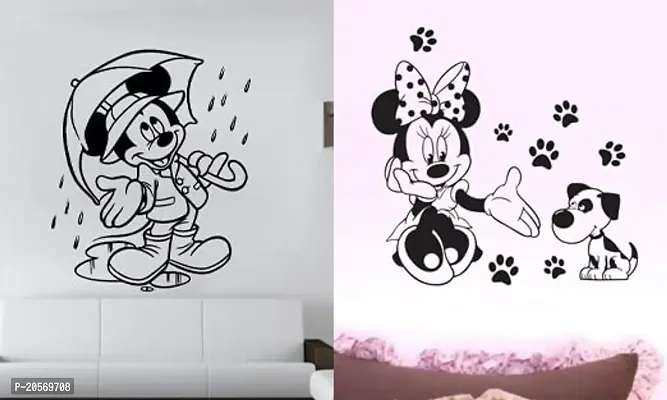 Ghar Kraft Combo Set of 2 Wall Stickers Micky in The Rain|Minnie with Friend