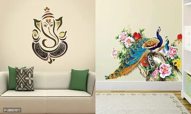 Ghar Kraft Set of 2 Wall Sticker Royal Ganesh and Royal Peacock Wall Sticker