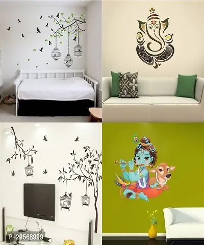 Ghar Kraft Set of 4 Wall Sticker Free Bird Cage Brown | Flying Bird with Cage | Royal Ganesh | Royal Ganesh | Royal Ganesh | Lord Krishna Playing with Cow