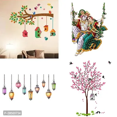 Ghar Kraft Set of 4 Combo Wall Stickers|Bird House Branch|Radhamadhav Jhula |Hanging Lamp|Pink Tree Bird  Nest