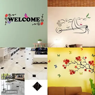 Ghar Kraft Set of 4 Combo Wall Stickers |Welcome|Radhe Krishna with Flute|Black with White Fiber Floor Sticker|Chinese Flower