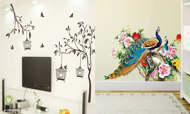 Ghar Kraft Set of 2 Wall Sticker Free Bird Cage Brown and Royal Peacock Wall Sticker