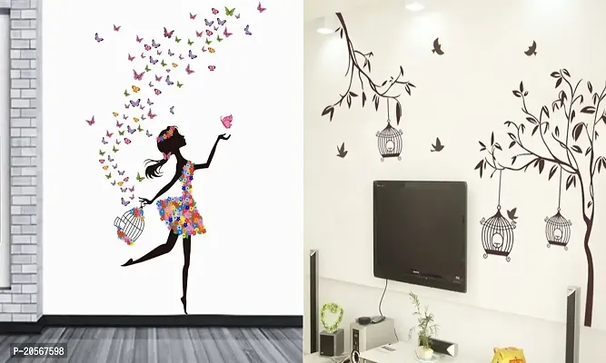 Ghar KraftSet of 2 Wall Sticker Dream Girl and Free Bird Cage Brown Wall Sticker