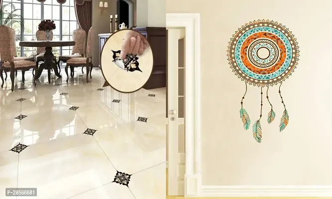 Ghar Kraft Set of 2 Wall Sticker Black with Golden Leaf Floor and Hand Drawn Dreamcatcher Wall Sticker