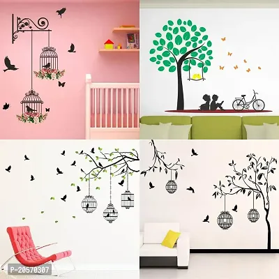 Ghar Kraft Set of 4 Combo Wall Stickers|Branches and Cages|Flying Birds  case|Free Bird case Black|Kids Under Tree