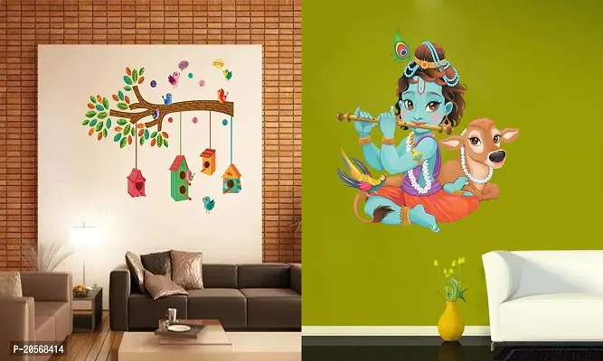 Ghar Kraft Set of 2 Wall Sticker Bird House On A Branch and Lord Krishna Playing with Cow Wall Sticker