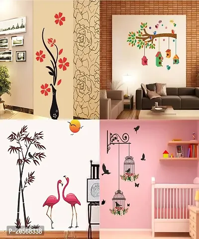 Ghar Kraft PVC Vinyl Wall Sticker Sunset Swan | Flower Vase Red | Bird House On A Branch | Bird House On A Branch | Bird House On A Branch | Branches and Cages, Set of 4-thumb0