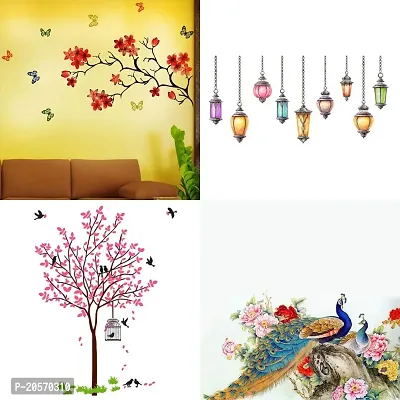 Ghar Kraft Set of 4 Combo Wall Stickers|Chinese Flower|Hanging Lamp|Pink Tree Bird  Nest|Royal Peacock|
