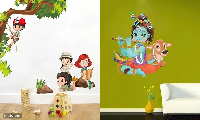 Ghar Kraft Set of 2 Wall Sticker Kids Activity and Lord Krishna Playing with Cow Wall Sticker-thumb0