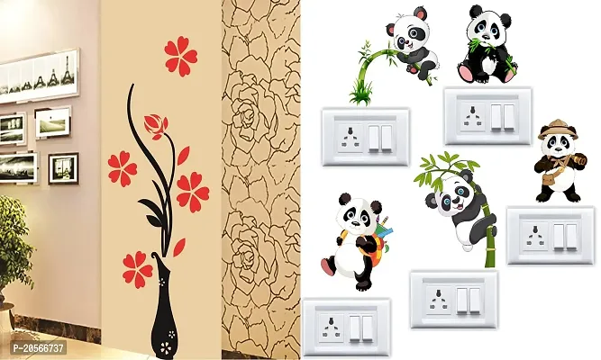 Ghar Kraft Set of 2 Wall Sticker Flower Vase Red and Sb Panda Wall Sticker