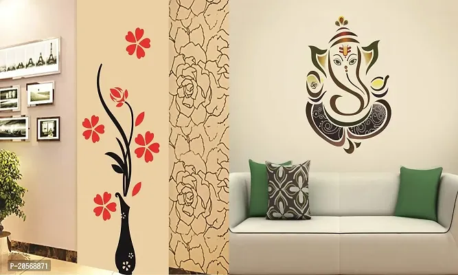 Ghar Kraft Set of 2 Wall Sticker Flower Vase Red and Royal Ganesh Wall Sticker