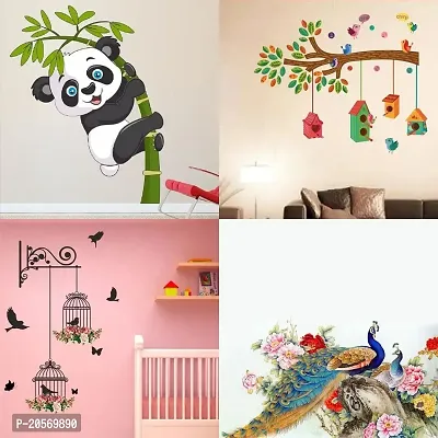 Ghar Kraft Set of 4 Combo Wall Stickers|Branches and Cages|Royal Peacock|Baby Panda|Bird House Branch