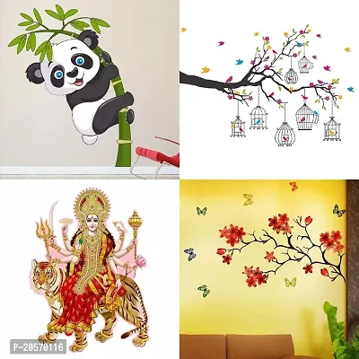 Ghar Kraft Set of 4 Combo Wall Stickers|Baby Panda|Chinese Flower|Branches Flowers  BirdCages|Sherawali Maa-thumb0