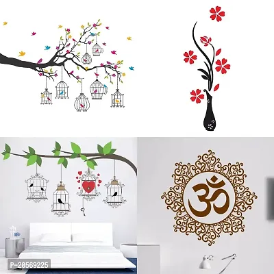 Ghar Kraft Set of 4 Combo Wall Stickers|Branches Flowers  BirdCages|Birdcase Key|Designer Om|Flower Vase Red|