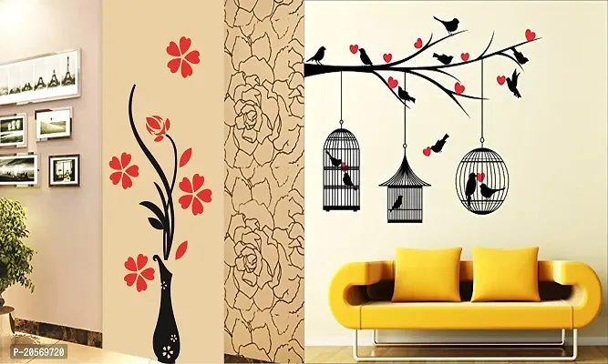 Ghar Kraft Set of 2 Wall Sticker Flower Vase Red and Love Birds with Hearts Wall Sticker